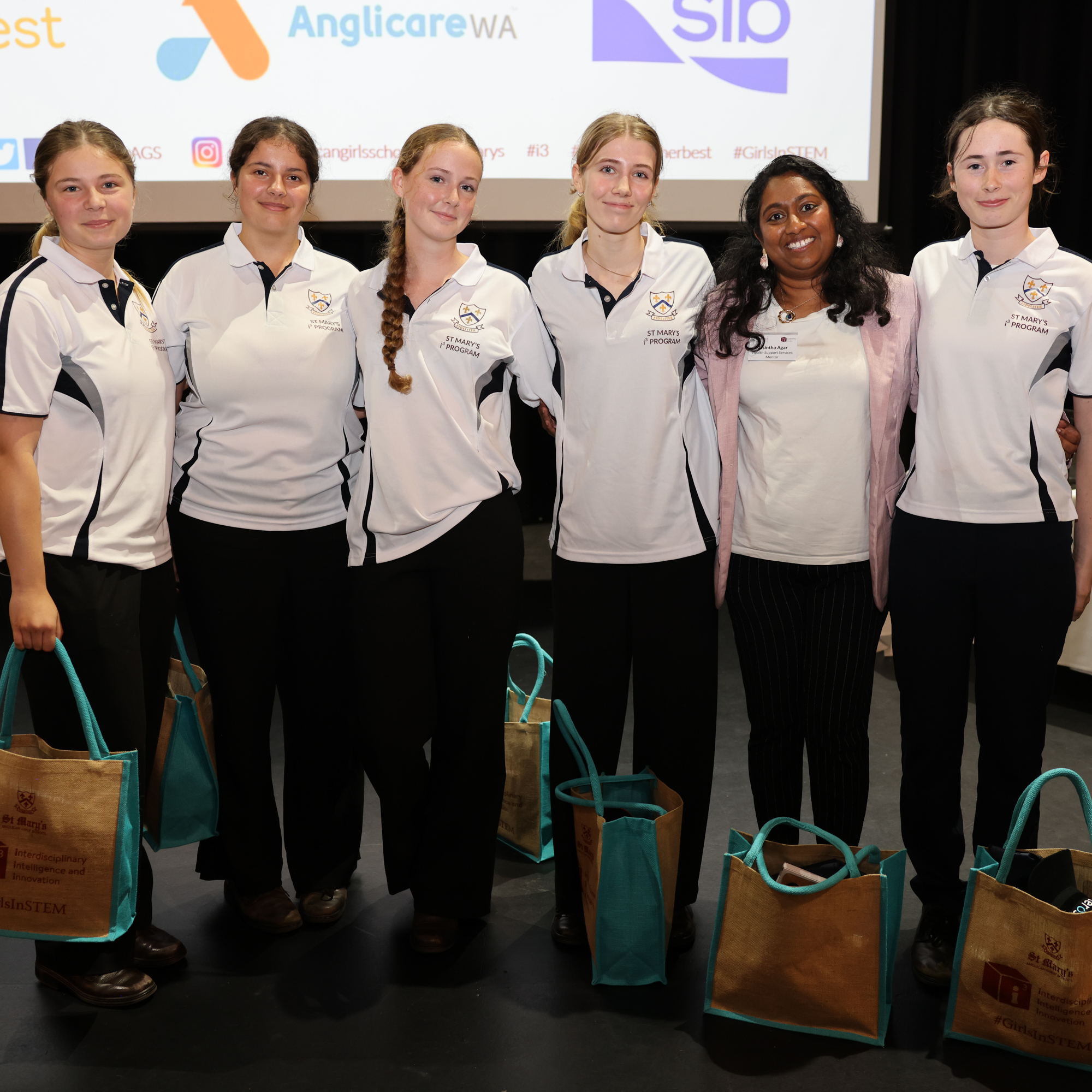The winning student teamp comprising of Abby, Jade, Lucy, Sophia, i3 Mentor Jasintha Agar and Serenity.